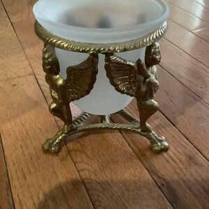 Brass Cherub Angel Votive Candle Stand Holder Clawfoot Tripod Frosted Glass Vtng
